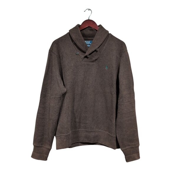 Polo Ralph Lauren Pullover Sweater Mens Brown Shawl Collar Cotton Classic Sz M - Picture 1 of 16